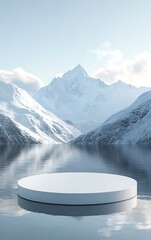 Minimalist winter landscape mockup with podium in snow mountains