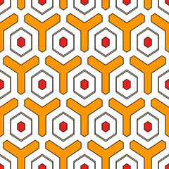 Honeycomb seamless pattern. Hexagon mosaic tiles ornament. Ethnic surface print. Repeated geometric figures background. Ornamental wallpaper. Modern geo design digital paper. Vector abstract art