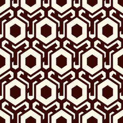 Honeycomb seamless pattern. Hexagon mosaic tiles ornament. Ethnic surface print. Repeated geometric figures background. Ornamental wallpaper. Modern geo design digital paper.