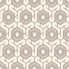 Honeycomb seamless pattern. Hexagon mosaic tiles ornament. Ethnic surface print. Repeated geometric figures background. Ornamental wallpaper. Modern geo design digital paper. Vector abstract art