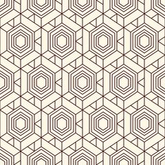 Honeycomb seamless pattern. Hexagon mosaic tiles ornament. Ethnic surface print. Repeated geometric figures background. Ornamental wallpaper. Modern geo design digital paper. Vector abstract work.