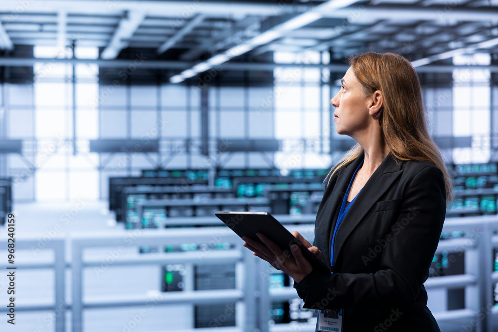 Poster computer scientist doing disaster recovery planning and security protocol enforcement in data center