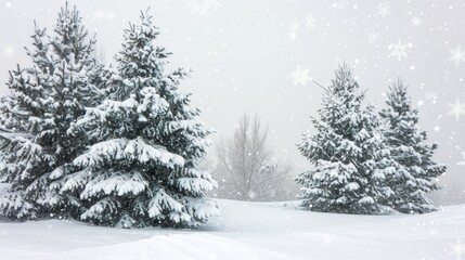 Fototapeta premium Fluffy spruce trees adorned with snow amidst a white snowdrift field and falling snowflakes winter landscape snowdrifts banner