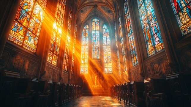 Stained glass church with sun rays