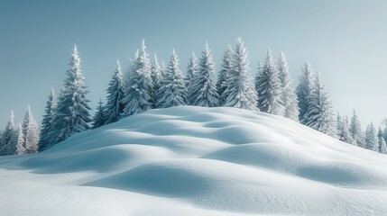 Snowy fluffy spruce trees on snowy mounds beneath a clear blue sky in winter wonderland banner