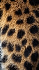 Close-up of leopard fur with distinctive black spots, detailed texture. Wildlife and nature concept