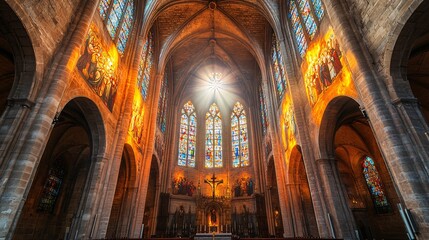 Fototapeta premium religious background with light rays in church