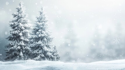 Obraz premium Snow covered fluffy spruce trees in a white field surrounded by falling snowflakes winter landscape snowdrifts banner