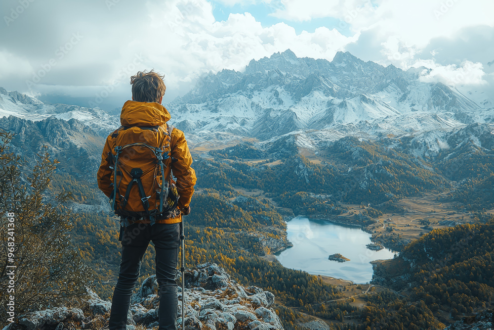 Canvas Prints a teenager enjoying a solo hiking adventure in a scenic mountain range, capturing photos of breathta