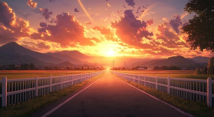 Fototapeta premium Stunning Sunset Over Country Road with White Fence