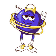 Groovy purple ball cartoon character with rock gesture. Funny retro happy funky ball with smile and golden rings. Toy, celebration mascot, cartoon sticker of 70s 80s style vector illustration