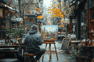 Naklejka premium A Renaissance artist setting up an easel in a modern coffee shop, painting a contemporary cityscape with classical techniques.