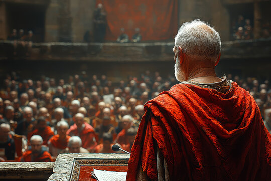 A Roman senator debating current political issues with a contemporary audience in a modern-day legislative chamber. Concept of historical political roles in modern governance.