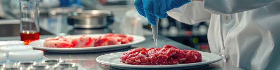 Laboratory technician performing quality analysis on meat sample by adding substances in genetically modified food production.