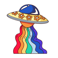 Groovy cartoon alien spaceship with floral pattern and rainbow wavy beam. Funny retro flying saucer with flowers. Hippie vibe mascot, cartoon aliens UFO sticker of 70s 80s style vector illustration