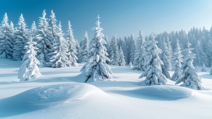 Obraz premium Fluffy spruce trees covered in snow under a blue sky in a scenic Scandinavian winter landscape banner