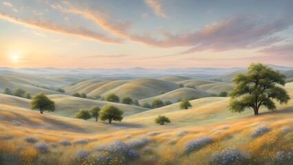 Fototapeta premium A painting of a field with a tree in the middle