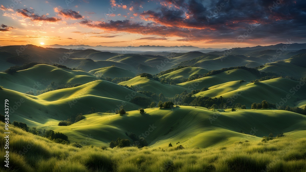 Wall mural a panoramic view of rolling green hills at sunset, with a colorful sky and distant mountains.