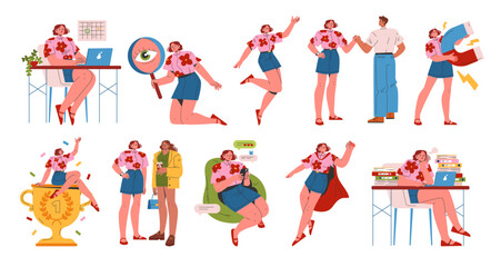 young businesswoman set. Flat Vector Illustration