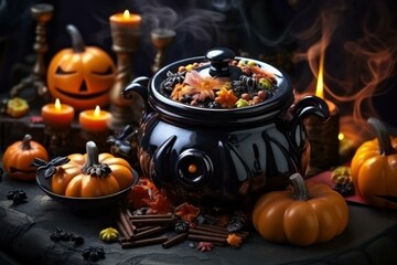 Festive Halloween scene with pumpkins, candles, and a bubbling witch's cauldron in a spooky atmosphere