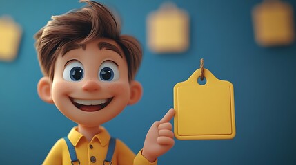 Obraz premium Smiling cartoon boy holding blank yellow price tag. Concept of advertising, sale, discount, promotion