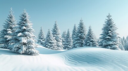 Naklejka premium Fluffy spruce trees blanketed in snow atop white humps under a bright clear blue sky winter landscape snowdrifts banner