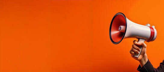 Hand holding a megaphone announces sales and discounts, on a vibrant orange background. Marketing and commercial concept banner with copy space, 