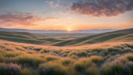 Fototapeta premium A vibrant sunrise paints the sky above rolling hills and a field of grass.