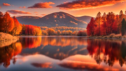 Fototapeta premium A serene lake reflects the vibrant autumn foliage and a fiery sunrise against a backdrop of majestic mountains.