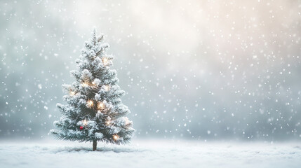 Obraz premium Snowy Christmas Tree with Frosted Branches Decorated in Gold and Silver Ornaments - Classic Holiday Tree in a Minimalist White Background - Merry Christmas