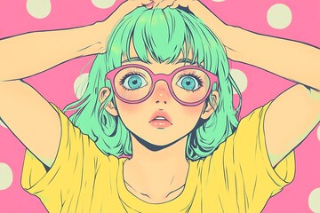 Surprised anime girl with green hair and pink glasses on pink polka dot background