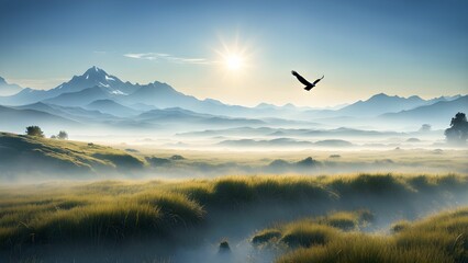 A lone bird soars through a misty valley with a majestic mountain range in the background at sunrise.