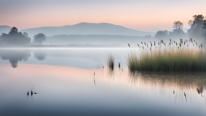 Fototapeta premium A tranquil lake scene with fog and reeds in the foreground and a mountain range in the background at sunrise.
