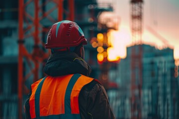 Obraz premium Construction worker in helmet and vest oversees site operations next to a crane during daytime with blurred background of equipment