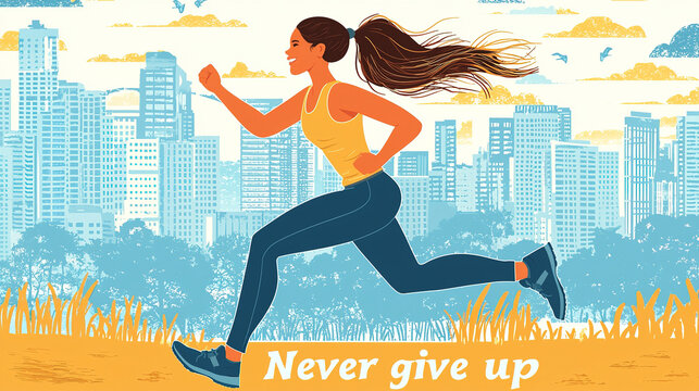 Young woman running in the city park never giving up