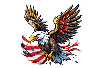 Flying bald eagle with American national flag 2d flat color vector art illustration