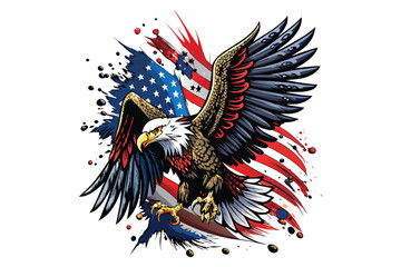 Obraz premium Flying bald eagle with American national flag 2d flat color vector art illustration