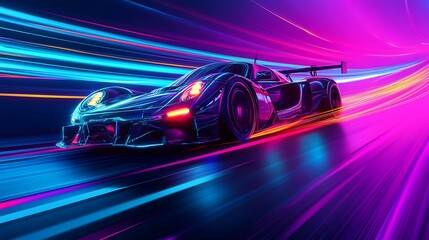 Fototapeta premium Black Sports Car Racing at High Speed With Neon Lights
