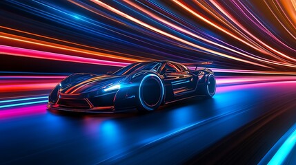 Naklejka premium Futuristic Sports Car Driving Through Neon Light Tunnel