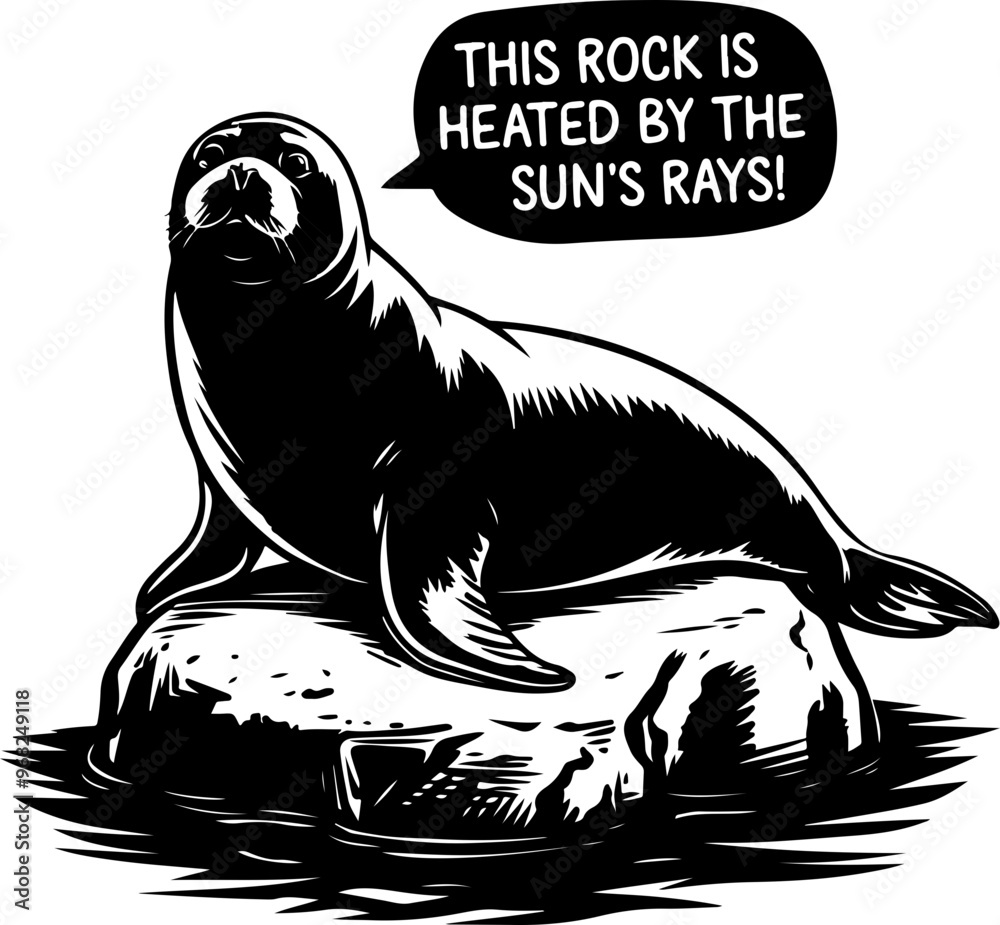 Poster Stylized Seal on Rock with Speech Bubble Illustration