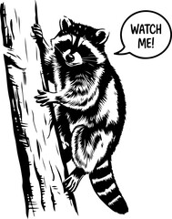 Illustration of a Raccoon Climbing a Tree with Speech Bubble