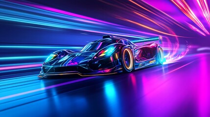 Naklejka premium Futuristic race car driving through a tunnel of neon lights.