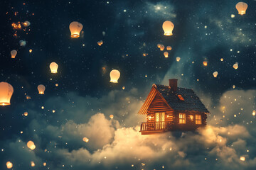 A whimsical cabin floating amidst clouds, illuminated by glowing lanterns in a magical night sky