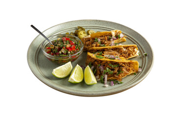 Delicious tacos filled with meat served on a plate. Isolated on white background. Full depth of field.
