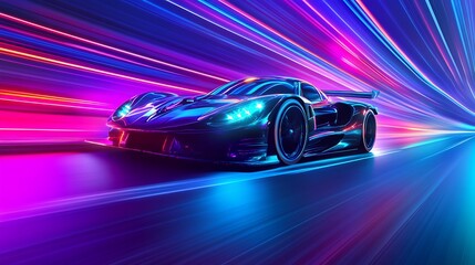 Naklejka premium Black sports car driving through neon light streaks, futuristic cyberpunk style
