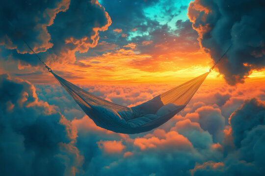 Experience blissful relaxation in a hammock gently suspended between two vibrant, fluffy clouds during a stunning sunset
