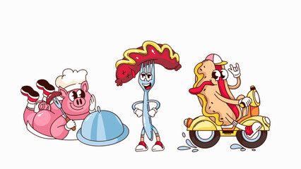 Groovy BBQ cartoon characters set. Funny retro hotdog on scooter, fork with sausage, pig chef with barbecue serving dish. BBQ food mascot, cartoon sticker of 70s 80s style vector illustration