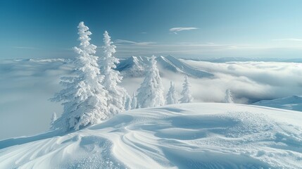 Obraz premium Snow covered fluffy spruce trees in a white field under a clear blue sky in Scandinavia winter landscape snowdrifts banner