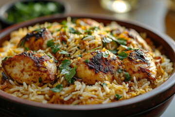 Savor the rich flavors of authentic Hyderabadi Chicken Biryani, a culinary delight for food lovers at a bustling Indian feast