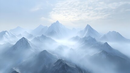 Obraz premium Majestic Misty Mountain Peaks Reaching Towards the Sky in a Serene Landscape